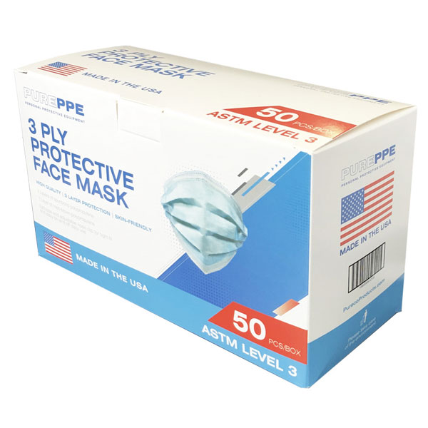 Pureppe Astm Level 3 Earloop Face Mask Blue 50 Box 3 Ply Made In Usa Due Dental Supplies