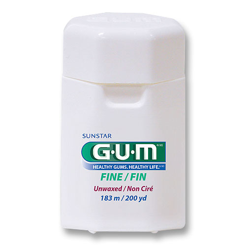 GUM Fine Unwaxed Floss 200 yd, 6/Pk. Unflavored. Thin, shredresistant
